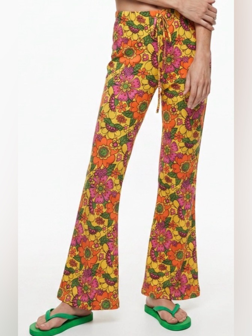 SPIRIT Vibrant Floral Flare Yellow Orange Pink bellbottom Pants retro SIZE LARGE